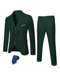 Hihawk Men's 3 Piece Suit with Stretch Fabric, Solid Slim Fit One Button Suit Blazer Set, Jacket Vest Pants with Tie., Deep Green, XL