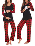 Ekouaer Pyjama d'allaitement pour Femme pour hôpital Manches Longues Modal de Grossesse Ensemble Pyjama 2 pièces Plaid Rouge S