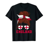 Funny Messy Hair Woman Bun England Flag Football England Mom T-Shirt