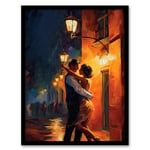 Artery8 Dancing In The Street Light Oil Painting Orange Blue Lovers On A Date Night Out In Town First Kiss Bedroom Art Artwork Framed Wall Art Print 18X24 Inch