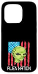 iPhone 15 Pro Funny Alien UFO USA Flag and Green Alien Head Case