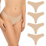 SHARICCA String Thong Femme Tangas sous-Vêtements sans Coutures de Sport Culottes Taille Basse Invisible Slips Lot de 4 (4 Beige, XS)