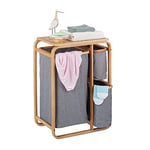 Relaxdays Meuble à linge, 3 bacs, bambou, étagère pour salle de bain avec compartiments, HLP 70x49x33,5 cm, nature/gris