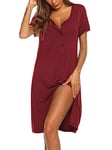 Ekouaer Robe de Nuit Femme Chemises de Nuit Manche Courte Pyjama Bouton Nuisette Allaitement, Vin Rouge, XL