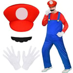 Aomig Costume de Héros d'enfance pour Adulte, Mario Luigi-Bros Costume de Cosplay, Bonnet, Pantalon, Barbe, Gants, Costume de Carnaval pour Homme,Femme,Adulte,Enfant, Adolescent, Rouge