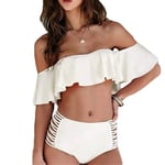 Strapless Bathing Suits for Women 2 Piece Ruffle Bandeau High Waist Open Back Padded Bathing Suits Slimming Bandeau Top with Shorts Full Coverage Swimsuits Beach Swimwear,White,S