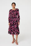 Izabel London Womens Black Floral Semi Sheer Long Sleeve Midi Dress - Size 14 UK