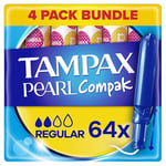 Tampax Compak Pearl Tampons, Regular With Applicator, 64 Tampons (16 x 4 Packs), Leak Protection And Discretion