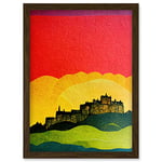 Wee Blue Coo Modern Edinburgh Castle Vibrant Rainbow Colour Sunset Scottish Cityscape Coral Yellow Green Blue Artwork Framed Wall Art Print A4