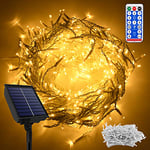 HENGMEI Guirlande lumineuse solaire d'extérieur avec 200 LED - 5 m - Avec télécommande - Blanc chaud - 8 modes d'éclairage - Étanche