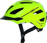 ABUS Casque de ville Pedelec 2.0 MIPS - Casque de vélo avec feu arrière, visière, capuche anti-pluie et protection contre les chocs MIPS - pour hommes et femmes - Jaune brillant, taille M