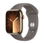 Apple Watch Series 9 GPS + Cellular 45 mm, guldfarvet Rustfrit stål urkasse med Ler sportsrem - S/M