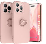 Coque Silicone Pour iPhone 15 Pro Couleur Rose Avec Anneau Support + Verre Tremp