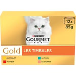 GOURMET GOLD | Les Timbales | Pâte | Chat | Bœuf, Poulet, Saumon, Thon | 12 x 85 g | Lot de 8| Boite