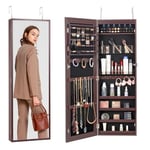 VEVOR Armoire à Bijoux Mural 108 cm, Organisateur de Bijoux avec Miroir et LED Intérieur, Meuble de Rangement pour Bijoux Verrouillable, Fixé au Mur ou à la Porte, avec Doublure en Velours, Marron