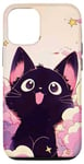 Coque pour iPhone 12/12 Pro Chat noir kawaii rose pastel rétro violet bohème nuage