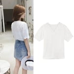 Women Lace White Blouse V Neck Shirts Short Lantern Sleeve Top L Xl