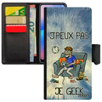 Coque pour Honor 7A simili cuir rabat porte cartes j'peux pas je geek de protection jeux video bleu bumper comique noir drole texte