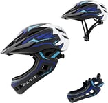 Casque de Vélo pour Enfants Poids Léger Casque Intégral avec Mentonnière Détachable Visière Détachable Casque de Descente Enfants pour Vélo D'équilibre Patins à roulettes Bleu-Blanc/M