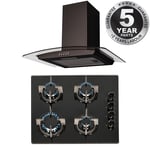 SIA 60cm Black 4 Burner Gas On Glass Hob And Curved Glass Cooker Hood Extractor