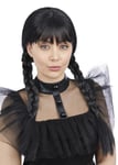 Womens Wednesday Style Black Plaited Wig with Fringe