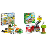LEGO 10990 DUPLO Construction Site with Crane Toy, Bulldozer and Cement Mixer & 10969 DUPLO Town Fire Engine Toy for Toddlers 2 Plus Years Old, Truck with Lights and Siren