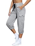 Wayleb Women's Sweatpants Cropped Jogger Sports Pants 3/4 Length Jogging Capri Trousers with Side Pockets for Running Fitness Light Grey