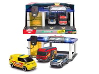 Dickie Toys - Station de Voiture Rescue pour Enfants à partir de 3 Ans (31 x 22 cm) avec 3 Voitures Jouets (Voiture de Police, Ambulance, Camion de Pompiers), Poste de Pompiers et de Police avec