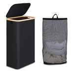 efluky Panier à Linge avec Couvercle 75L, Panier à Linge étroit avec Poche Intérieure Lavable, Bac à linge Noir avec Poignées en Bambou, Paniers à Linge Pliables pour Buanderie, Chambre, Salle de Bain