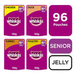 96 X 100g Whiskas 11+ Senior Wet Cat Food Pouches Mixed Poultry In Jelly