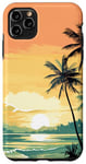 Coque pour iPhone 11 Pro Max Design coucher de soleil plage thème palmiers vert pastel