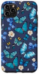 iPhone 11 Pro Max Blue Butterflies and Floral Pattern on Preppy Navy Blue Case