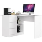 Akord - Bureau d'angle gauche B16 Blanc 124 cm 3 tiroirs façade Blanche 2 étagères 124x85x77 cm