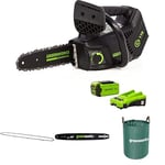 Greenworks 40V 25cm Tronçonneuse Top Poignée Moteur Sans Balais, Avec Batterie 40V 2Ah, Chargeur + Greenworks 25cm Chaîne + Greenworks 25cm Barre de chaîne + Sac à déchets de jardin Greenworks 120 L