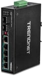 TRENDnet 6-Port Hardened Industrial Gigabit PoE+ DIN-Rail Switch, TI-PG62, 4 x Gigabit PoE+ Ports, 1 x Shared Gigabit Port (RJ-45/SFP), 1 x Dedicated SFP, 120 W Power Budget, IP30,black