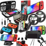 Orzly Kit d'accessoires conçu pour Les Accessoires Nintendo Switch Geeks et boîtier de Console OLED et Protecteur d'écran, poignées Joycon et Roues pour Un Jeu amélioré et Plus Encore - Noir de Jais