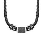 s.Oliver Collar Collier pour homme en acier inoxydable carbone/cuir, 47 + 3 cm, noir, livré dans une boîte cadeau, 2026107