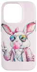 Coque pour iPhone 14 Pro Lunettes de soleil aviateur lapin de Pâques mignon Bubblegum Peace Sign