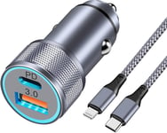 Pr Allume Cigare Usb 38w 2 Ports Et Câble Lightnin 1m En Nylon Tressé, Chargeur Rapide Voiture Usb C Avec Pd/Qc, Adaptateur Secteur Compatible Avec Iphon 14/12/11/Pro/ /Plus/Mini/Se