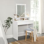 Coiffeuse avec Miroir et Ampoules Vasagle 80 x 40 x 132 cm - 2 tiroirs - 3 Compartiments de Rangement - Sans Tabouret - Style Moderne - Blanc