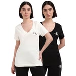 Calvin Klein Jeans T-Shirts Manches Courtes Lot de 2 Femme 2-Pack Monologo V-Neck Tee Col en V, Multicolore (Ivory/CK Black), S