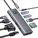 ORICO-PW11-10P 10-i-1 bärbar dator dockningsstation med HDMI 4K, VGA, 3 USB-portar, PD 100W, SD&TF, 3,5 mm ljud, Gigabit Ethernet Type C Multiport-adapter för Windows Mac(Grå) Silver