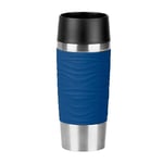 Emsa N2010900 Travel Mug, Wave Design Vacuum Mug, Stainless Steel Case (18/10), Stainless steel case (18/10) Opening made of plastic (PP). Silicone cuff, blue, 360ml