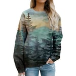 PKYGXZ Chemisier Femme T-Shirts imprimé forêt col Rond à Manches Longues Pull Sweat Hauts Pulls Amples Dames survêtement rétro