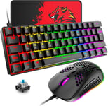 T60 Ensemble Clavier et Souris de Jeu Filaire, Clavier Mécanique 60% Mini 62 Touches, 19 Lumières Arc-en-ciel, UK Layout + Souris de Jeu PS4 6400 DPI + Tapis de Souris pour PC, Mac Switch Blue/Noir