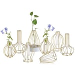 Sziqiqi Glass Propagation Station avec Metal Cadre - Mini Geometrique Verre Vase Set de 8 Petite Tube Essai Vase pour Hydroponie Plantes Moderne Or Vase pour Table Centre de Mariage