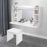 Coiffeuse Murale Blanc, 110x75x48,5 cm, avec Miroir et Tabouret, 6 Étagères de Rangement, Bois mdf, Table de Maquillage, Table de Toilette Murale,