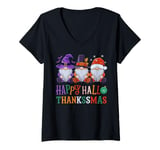 Womens Halloween Thanksgiving Christmas Happy HalloThanksMas Gnomes V-Neck T-Shirt