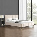 Lit Design Sommier Velours Pied Or Auster - Velours Beige - 140x190, Style , 204 x 146 x 107 cm - Velours Beige - Meubler Design