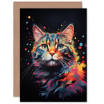 Tabby Cat Lover Gift Pet Portrait Blue Pink Orange on Black Artwork Painting Sealed Greeting Card Plus Envelope Blank inside